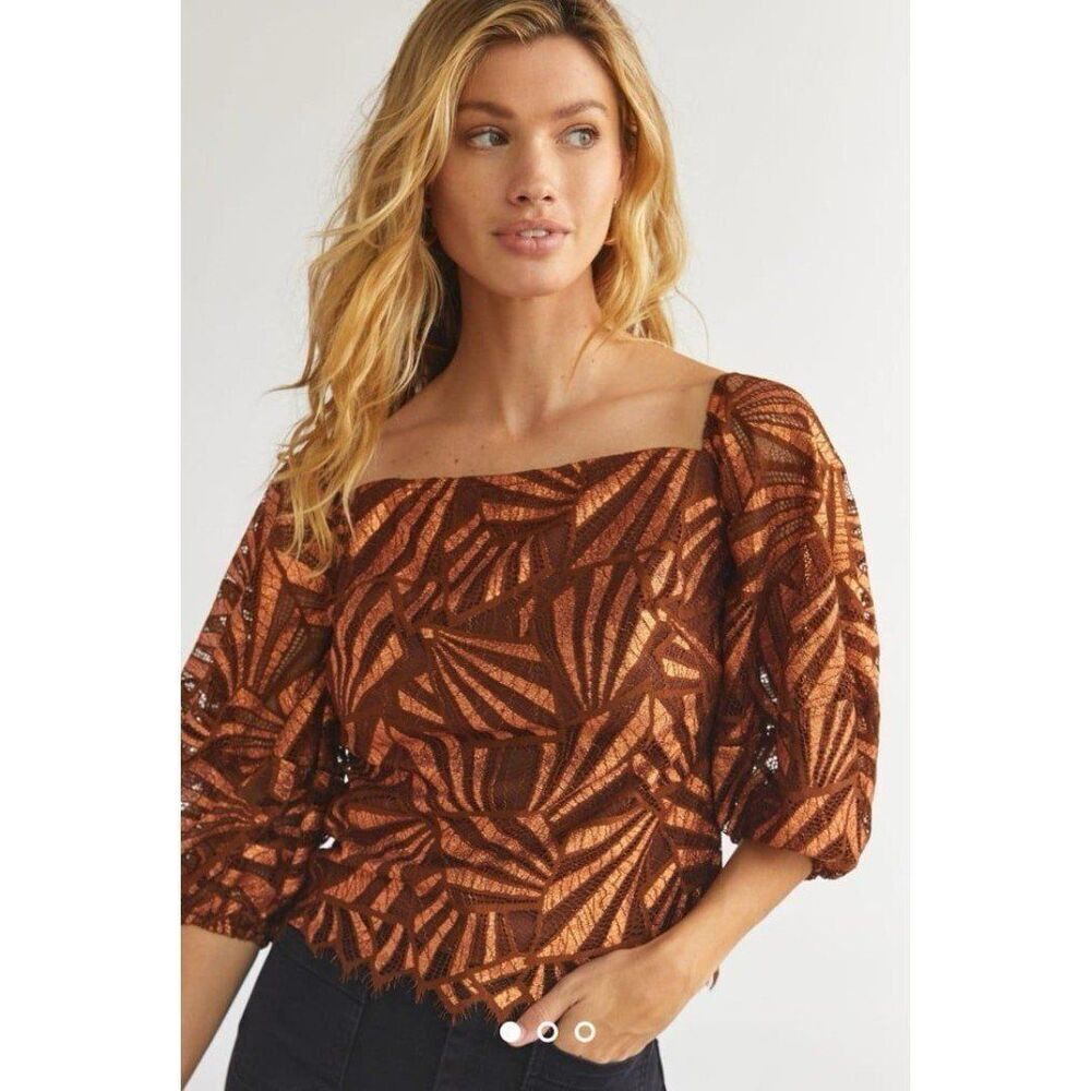 Anthropologie NWT Women XS Brown Metallic Geometric Print Blouse Glam Party Chic